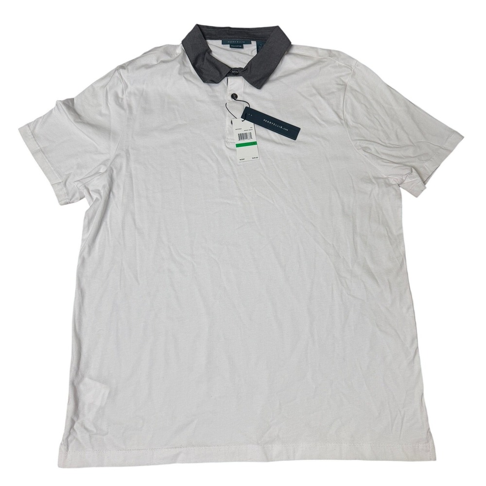 NWT Perry Ellis Mens Polo Shirt Large White Gray Collar Pima Cotton Short Sleeve
